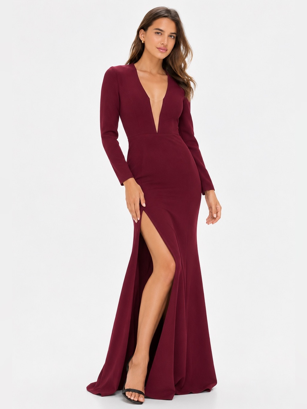 NWT Dress the Population Amber Illusion Mesh Long Sleeve Burgundy Gown Sz L